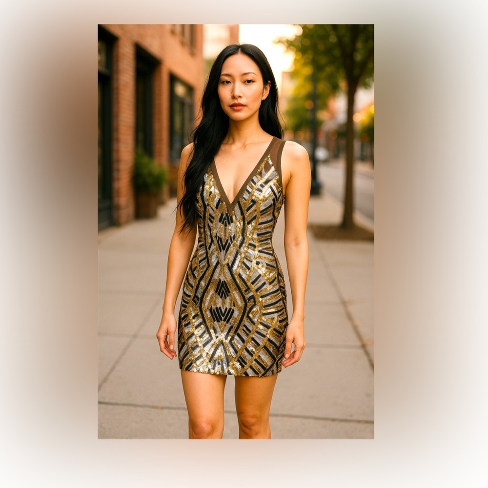 Rumor Boutique Art‎ Deco Cocktail Dress Mini Black Gold Sequins Party Sexy SZ S